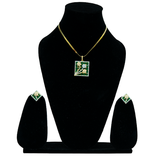 Elegant Green Stone Square Pendant Necklace Set